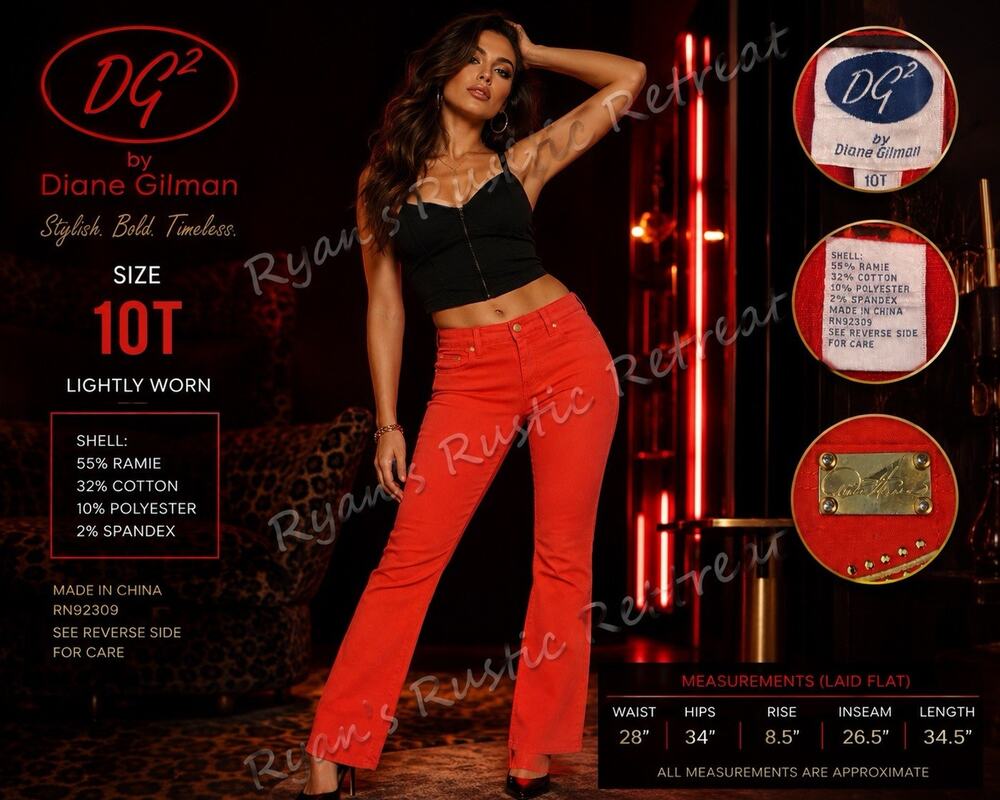 DG2 Diane Gilman Embellished Bootcut Jeans Red Orange 10T Stretch Ramie Blend DK
